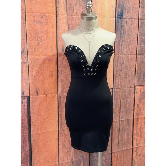 Forever 21 Women's Black Strapless Deep V-neck Pencil Bodycon Mini Dress size S - Picture 2 of 8